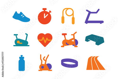 Colorful fitness equipment icons for exercise and training