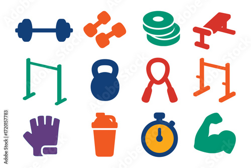 Colorful fitness and gym equipment icons set for health enthusiasts