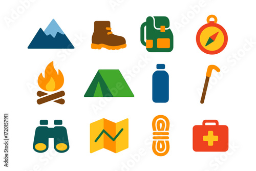 Colorful outdoor adventure icons set with camping and hiking equipment