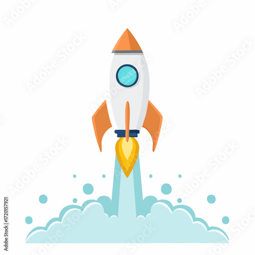 Cartoon rocket launching with cloud smoke on isolated background
