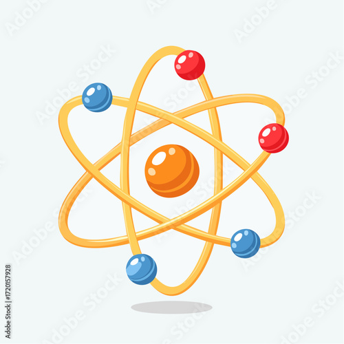 Cartoon styled atom model with orbiting electrons in a science illustration