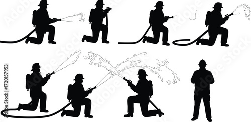 Firefighter silhouettes in action, hose spray poses, emergency response art, safety gear design, rescue illustration set