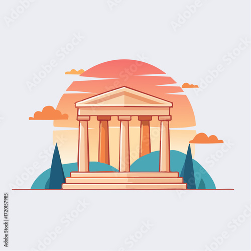 Ancient temple ruins stand tall against a colorful dawn sky at sunrise