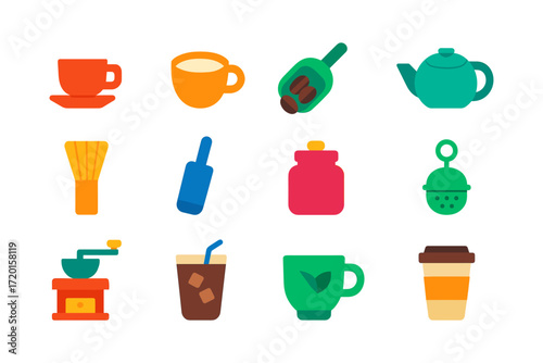Colorful beverage icons set with tea coffee and kitchen utensils
