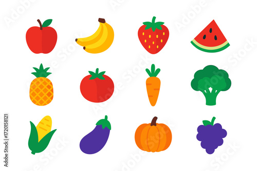 Colorful flat icons of fruits and vegetables for healthy eating designs