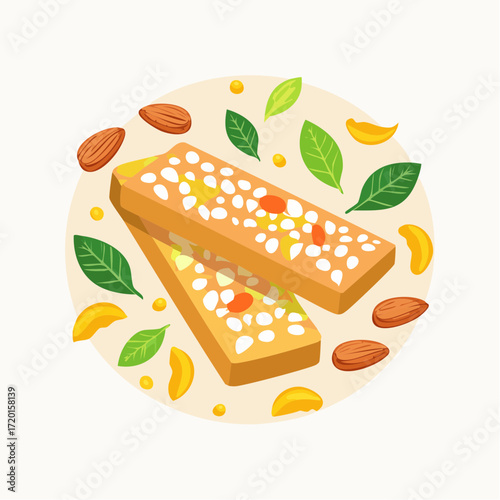 Two Firefly healthy granola bars surrounded by almonds, leaves and mango slices