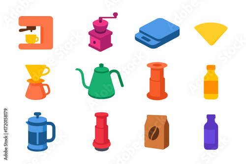 Colorful set of isometric coffee brewing equipment for kitchens and cafes