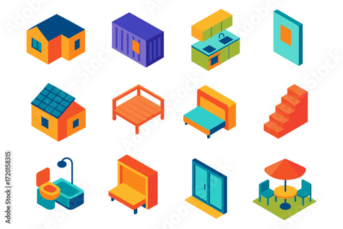 Isometric home and furniture set: colorful designs for modern interiors