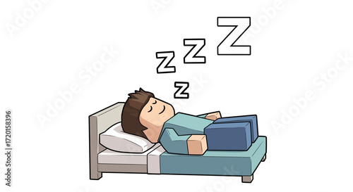 Cartoon Character Sleeping on a Bed with Zzz Letters. Tired Person Resting, Sleep Time, Relaxation and Health Concept.