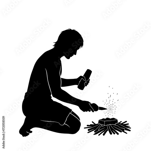Man making fire with flint and steel silhouette isolated on white background