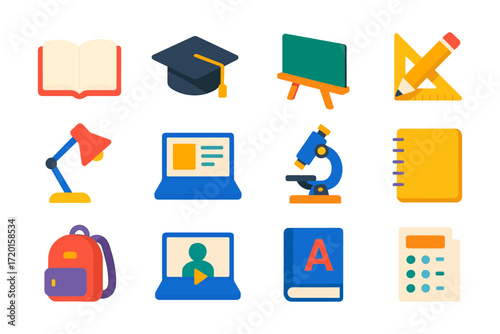 Flat design education icons set featuring school supplies and learning tools