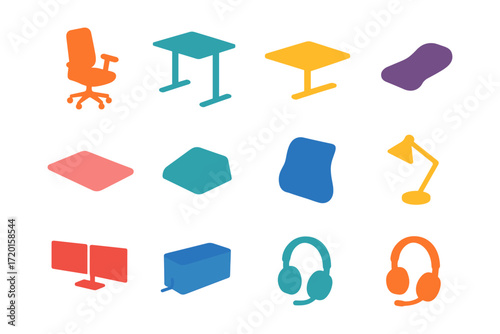 Modern office equipment icons in vibrant isometric style