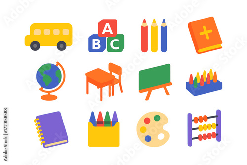 Colorful education icons for children’s classroom and learning tools