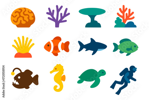 Colorful marine life icons featuring fish, coral, and underwater creatures in flat design