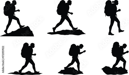 Hiking silhouette figures, trekking poses with backpack, mountain terrain art, outdoor adventure design, navigation illustration set