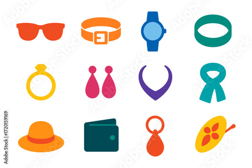 Colorful flat icons of accessories including jewelry, sunglasses, and wallet