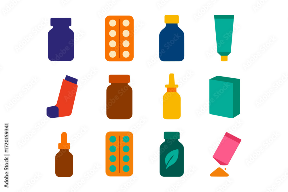 Obraz premium Pharmacy objects set: flat style medicine bottles, pills, and tubes collection