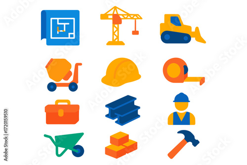 Colorful construction icons: hard hat, bulldozer, crane, tools in flat design
