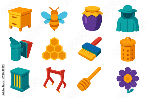 Colorful set of beekeeping icons: tools, equipment, and symbols