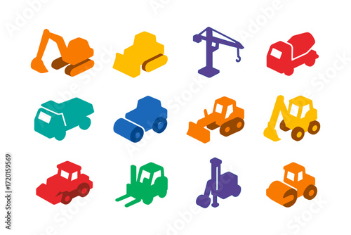 Colorful construction equipment icons set in isometric style