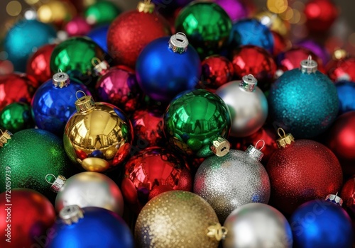 A pile of colorful, shiny christmas baubles in various shades of red, green, blue, and gold, ready for decorating a festive tree