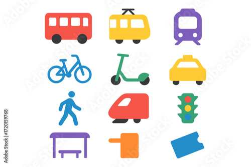 Colorful transport icons set featuring various public and personal travel modes