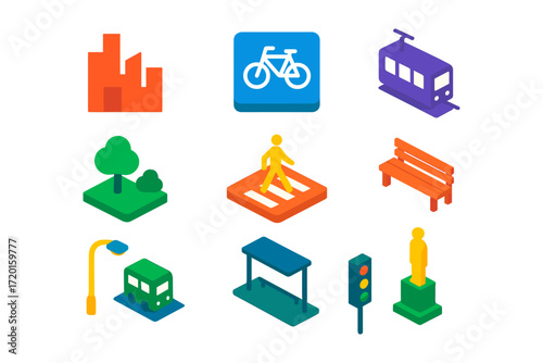 Isometric urban icons collection featuring transport, infrastructure, and public spaces
