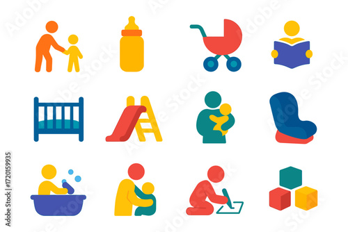 Colorful parenting and childcare icons set