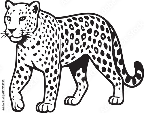 Black and White Leopard Illustration – Hand Drawn Wild Animal Vector Art