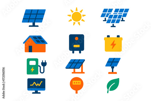 Renewable energy icons: solar panels, batteries, and eco-friendly technology in flat design