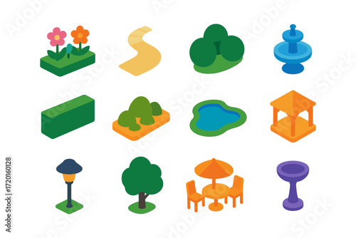 Isometric garden elements: pathways, trees, fountains, and furniture for landscape design