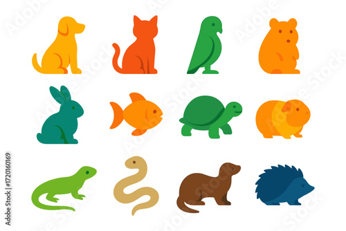 Colorful pet silhouettes: dogs, cats, birds, and small animals