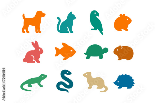 Colorful silhouettes of various pet animals including dog, cat, reptiles, and birds