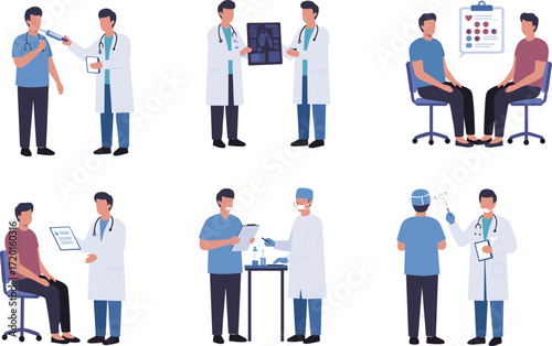 Medical consultation illustrations, healthcare professionals and patients, clinical examination art, diagnosis and lab design set