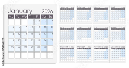 2026 Calendar, each month is on a separate page. Vector design.