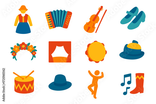 Traditional folk music and dance icons in colorful flat design style