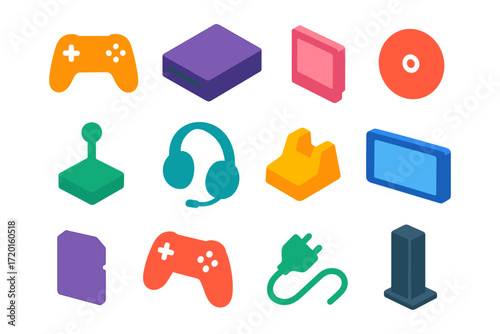 Colorful gaming equipment set with flat design icons for modern entertainment