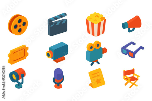 Colorful isometric icons of movie and cinema elements for creative design