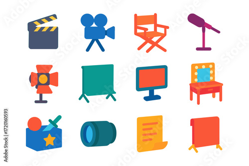 Colorful film and media equipment icons in modern flat style