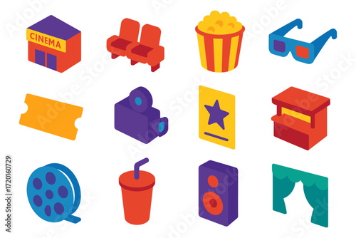 Vibrant cinema icons set with popcorn, 3d glasses, movie reel, and snack stand