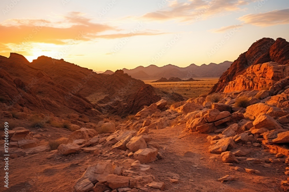 Fototapeta premium Golden sunset over rugged desert mountains and rocky terrain orange yellow