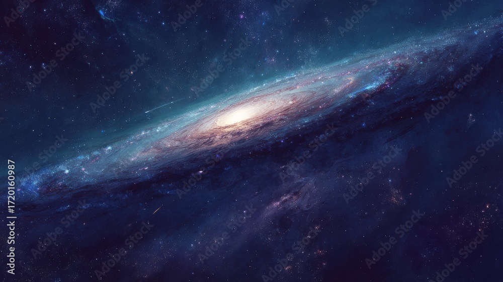 Fototapeta premium A stunning view of a spiral galaxy featuring a bright central core, surrounded by swirling cosmic dust and distant stars. The colors blend beautifully in the vastness of space.