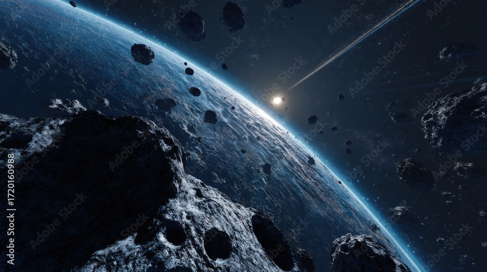 Fototapeta premium Numerous asteroids drift in the dark expanse of space, positioned close to a vibrant planet illuminated by a distant star. The scene captures cosmic beauty and vastness.