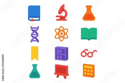 Colorful flat education icons set with science and literature symbols