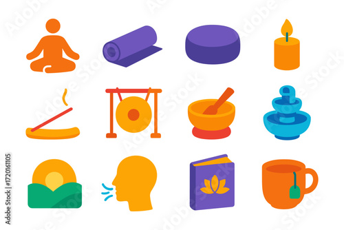 Colorful meditation and wellness icons for relaxation and tranquility projects