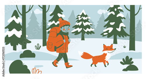 Winter Hike with Fox Companion A Snowy Forest Adventure
