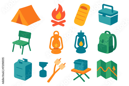Colorful camping essentials collection: tent, lantern, backpack, more