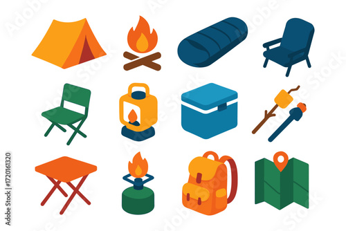 Colorful isometric camping equipment set with tent, fire, and backpack