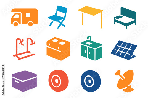 Colorful icon set of everyday objects in minimalist style