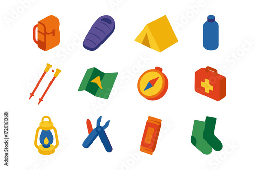 Essential camping gear icons: flat style adventure items for outdoor enthusiasts